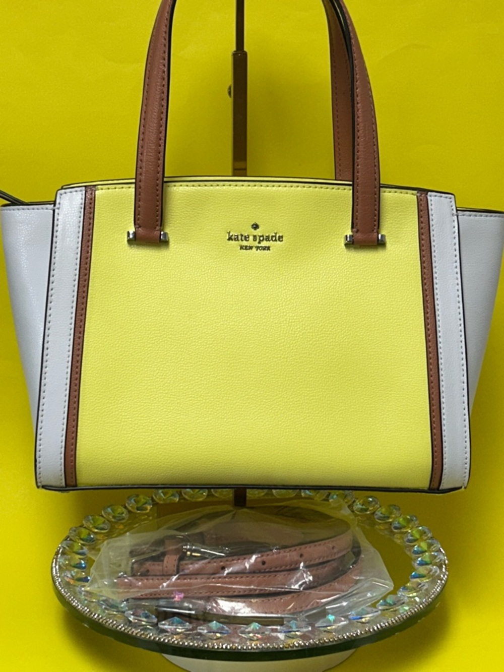 kate spade Yellow, White & Tan Leather Satchel w/Top Handles Approx. 12 x 19 x 4